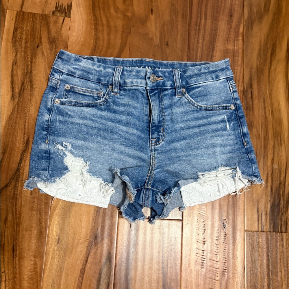 American Eagle Outfitters Blue Distressed Denim Shorts with Lace Inset